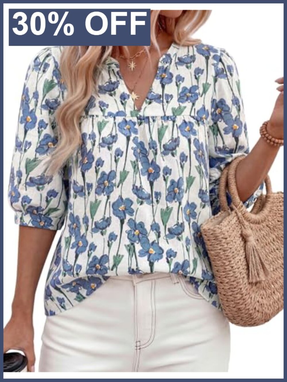 PRETTYGARDEN Women's Floral V-Neck Ruffle Half Sleeve Blouse Top